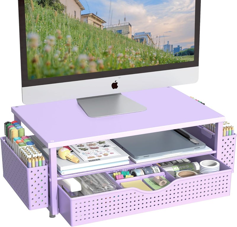 Spacrea Desk Organizer and Accessories, Computer Monitor Stand Riser with Drawer and 2 Pen Holders, Office Desk Accessories & Workspace Organizers for Office Supplies (Purple) - Image 1